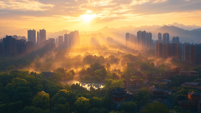 晨曦中的城市全景鳥瞰圖