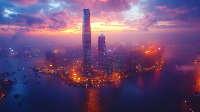 城市海濱的高樓大廈全景鳥(niǎo)瞰圖
