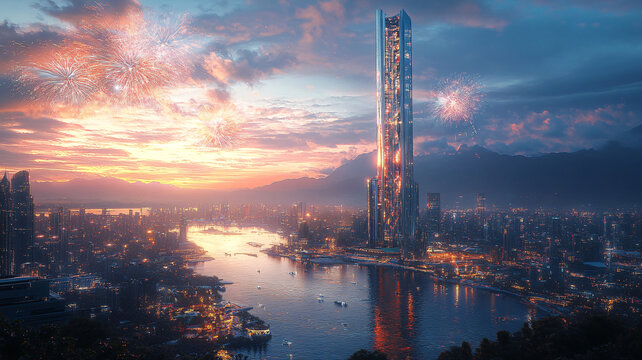 摩天大樓旁的城市夜景與璀璨煙花秀