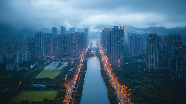 云霧中的城市高樓鳥瞰全景
