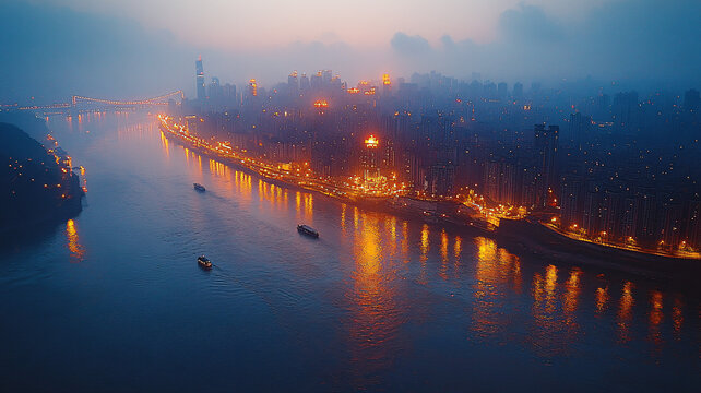 城市夜景燈火輝煌河流橋梁交錯(cuò)