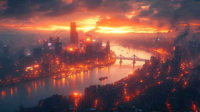 城市夜景燈火輝煌河流橋梁交錯