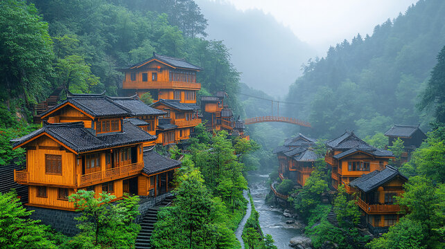 山間的特色木屋建筑風(fēng)景