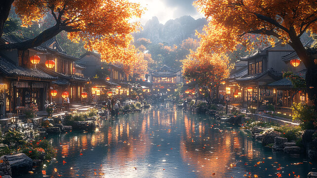 古色古香的中式街道夜景