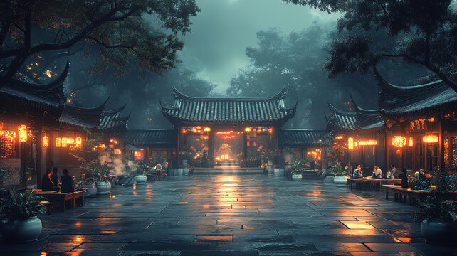 古色古香建筑間的休閑人群夜景