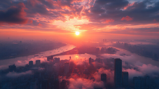 云霧中的城市高樓日出鳥瞰全景