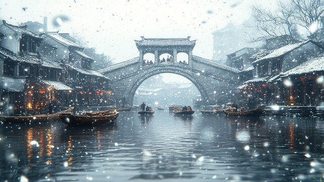 雪中江南水鄉(xiāng)古橋與小船相映成趣