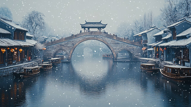 雪中江南水鄉(xiāng)古橋與小船相映成趣
