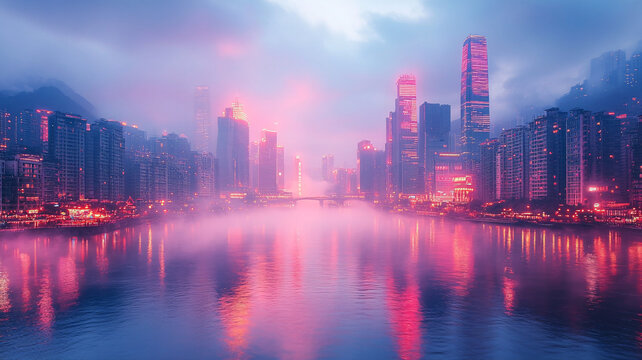 燈火輝煌的江邊建筑夜景