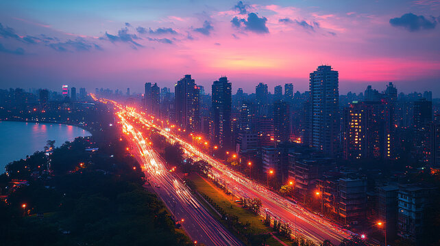暮色下城市車流涌動的俯瞰景象