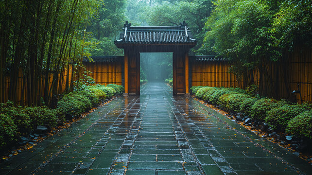 雨中竹林小徑古色古香的庭院景致