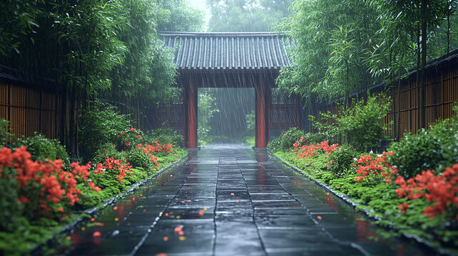 雨中竹林小徑古色古香的庭院景致