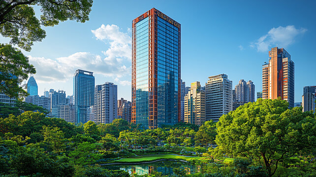 城市綠地旁的摩天大樓全景