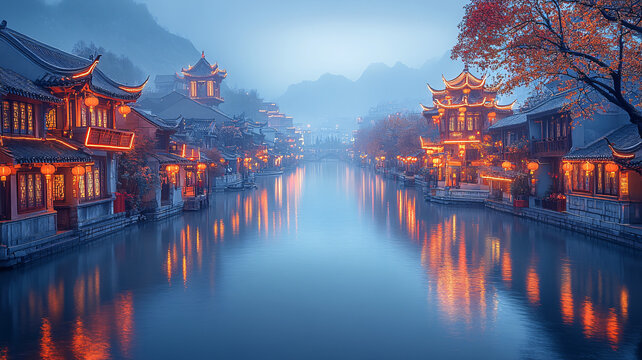 燈火通明的江南水鄉(xiāng)夜景
