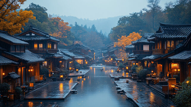 掛滿燈籠的江南水鄉(xiāng)夜景