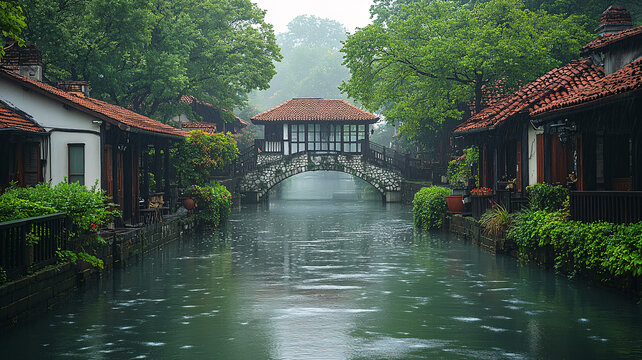 江南水鄉(xiāng)有橋有屋的寧靜河道景致