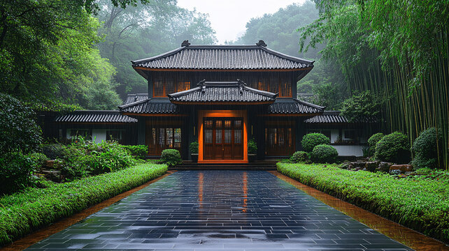 竹林中傳統(tǒng)中式建筑的幽靜之景