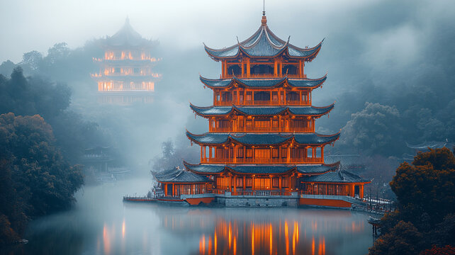 雨夜中的中式古建筑燈火通明