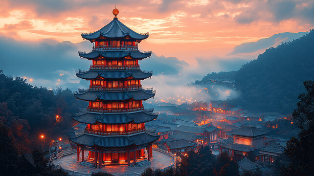 雨夜中的中式古建筑燈火通明