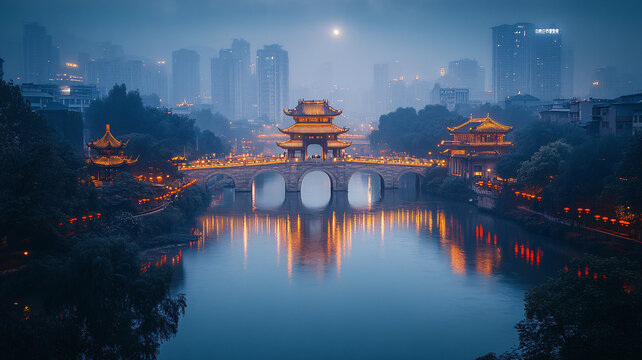 古橋夜景下的城市風(fēng)光
