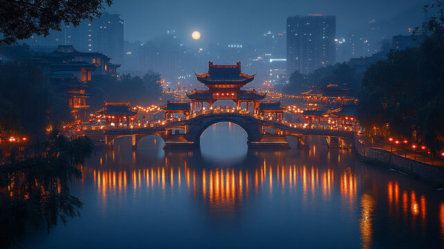 古橋夜景下的城市風(fēng)光