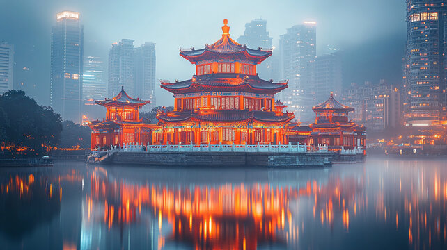 夜色中燈火輝煌的中式古亭