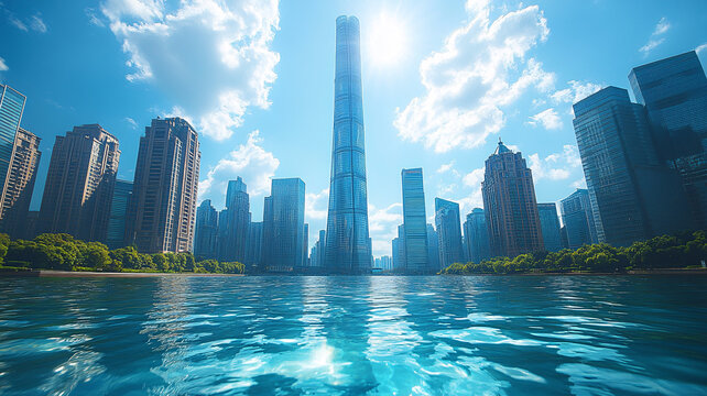 現(xiàn)代建筑倒映水中的城市風(fēng)光