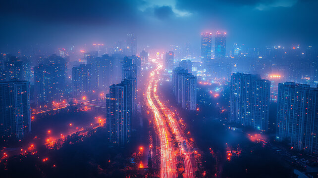 夜幕下城市燈火輝煌的高樓建筑景象