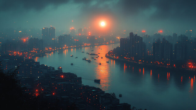 俯瞰城市夜景燈火輝煌的城市天際線