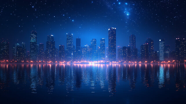 夜色下的城市河流與高樓大廈景觀