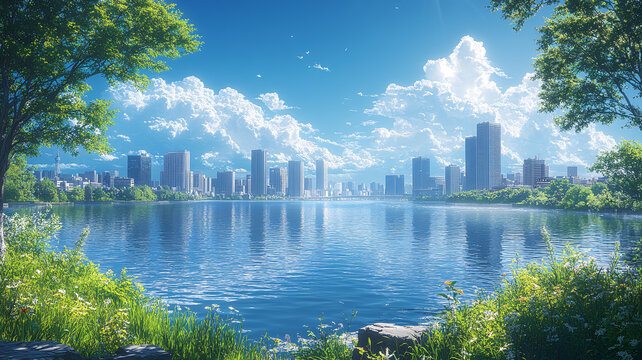 城市河流邊的現(xiàn)代高樓建筑景觀