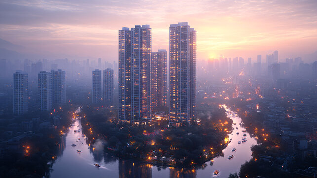 霧靄籠罩下的城市高樓鳥(niǎo)瞰全景
