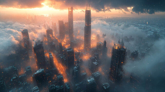 云霧中俯瞰城市摩天大樓的壯麗景象
