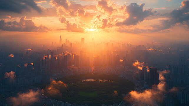 云霧中的城市高樓鳥瞰全景