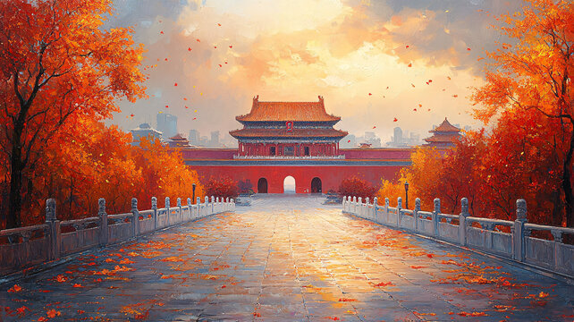 紅墻黃瓦古建筑下鋪滿落葉的石板路