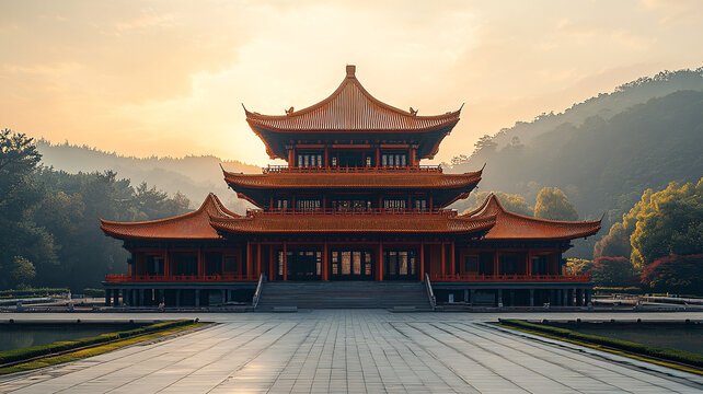古建筑庭院中的傳統(tǒng)中式樓閣全景