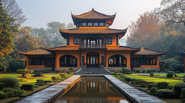 古建筑庭院中的傳統(tǒng)中式樓閣全景