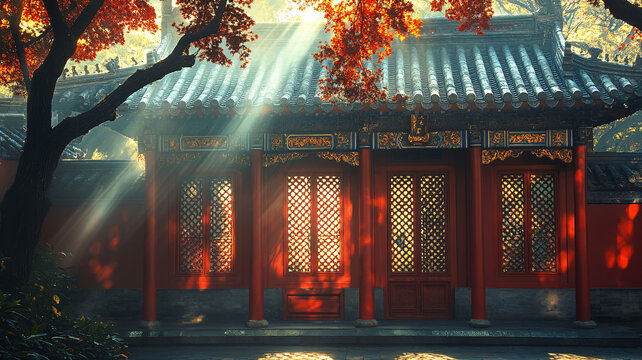 古建筑中精美絕倫的紅色雕花鏤空門窗