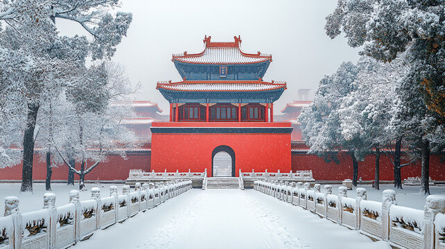 雪中的中式紅色古建筑全景
