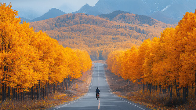 騎行者穿越鋪滿黃葉的山間道路