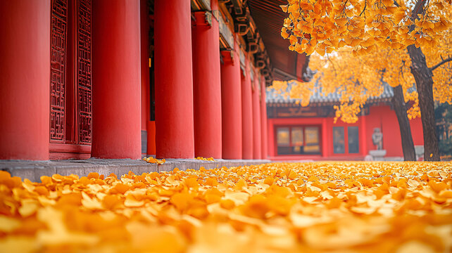 紅墻拱門旁銀杏葉落滿的唯美景致
