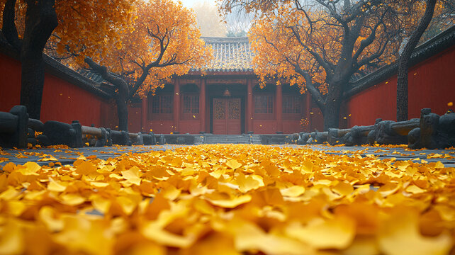 紅墻拱門旁銀杏葉落滿的唯美景致