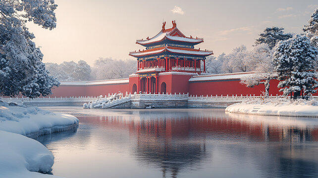 紅墻旁盛開的樹與飄雪構(gòu)成唯美畫面