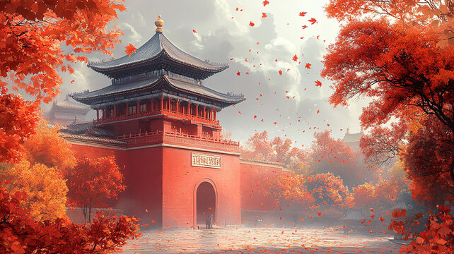 紅墻古建筑旁飄落金黃樹葉的秋日景象