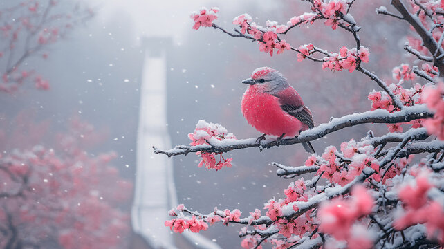 雪中的長城與盛開的桃花相映成趣