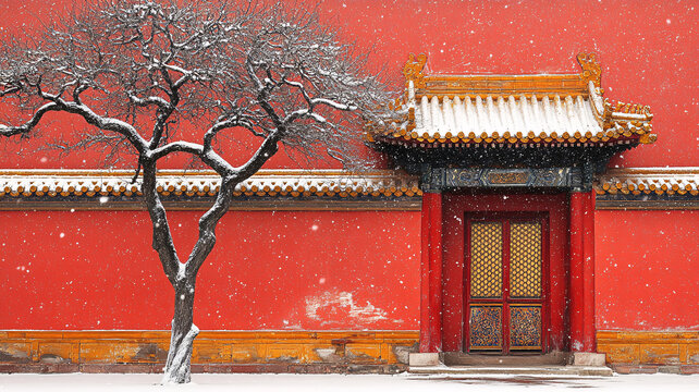 紅墻雪景中的孤樹