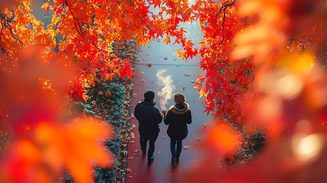 紅道上賞秋葉的兩人