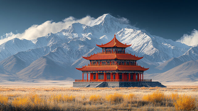 山中古亭與雪山秋林構(gòu)成的自然美景