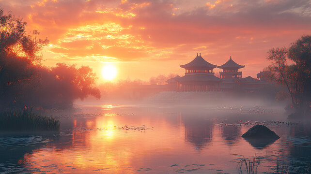 夕陽下的中式古典建筑
