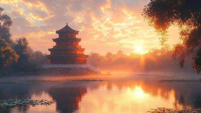 夕陽下的中式古典建筑